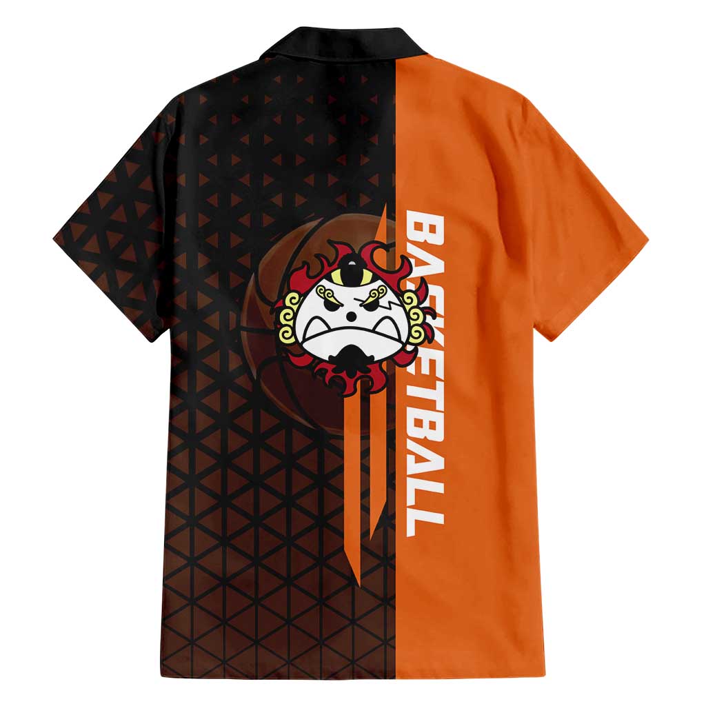 Jinbe One Piece Basketball Theme Orange and Black Design Family Matching Mermaid Dress and Hawaiian Shirt with Powerful Pose and Sun Pirates Emblem