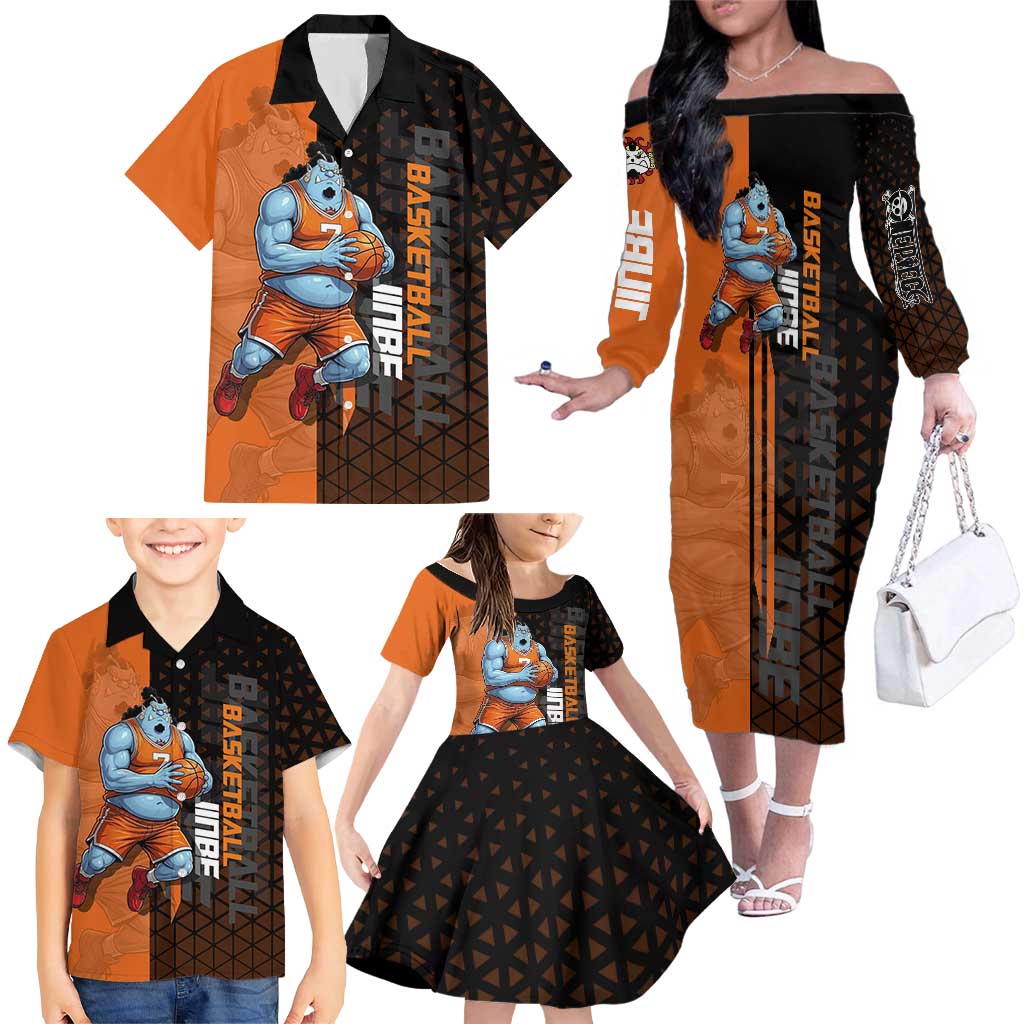 Jinbe One Piece Basketball Theme Orange and Black Design Family Matching Off The Shoulder Long Sleeve Dress and Hawaiian Shirt with Powerful Pose and Sun Pirates Emblem
