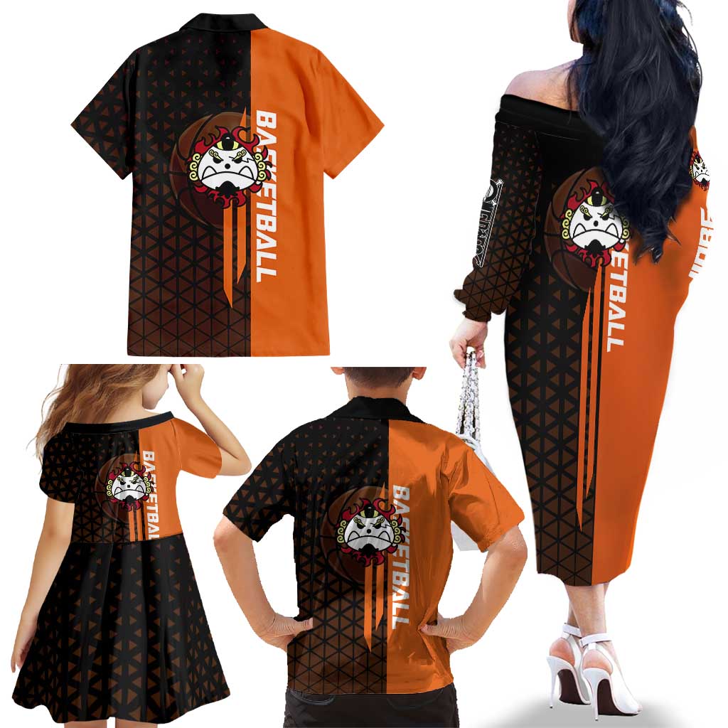 Jinbe One Piece Basketball Theme Orange and Black Design Family Matching Off The Shoulder Long Sleeve Dress and Hawaiian Shirt with Powerful Pose and Sun Pirates Emblem