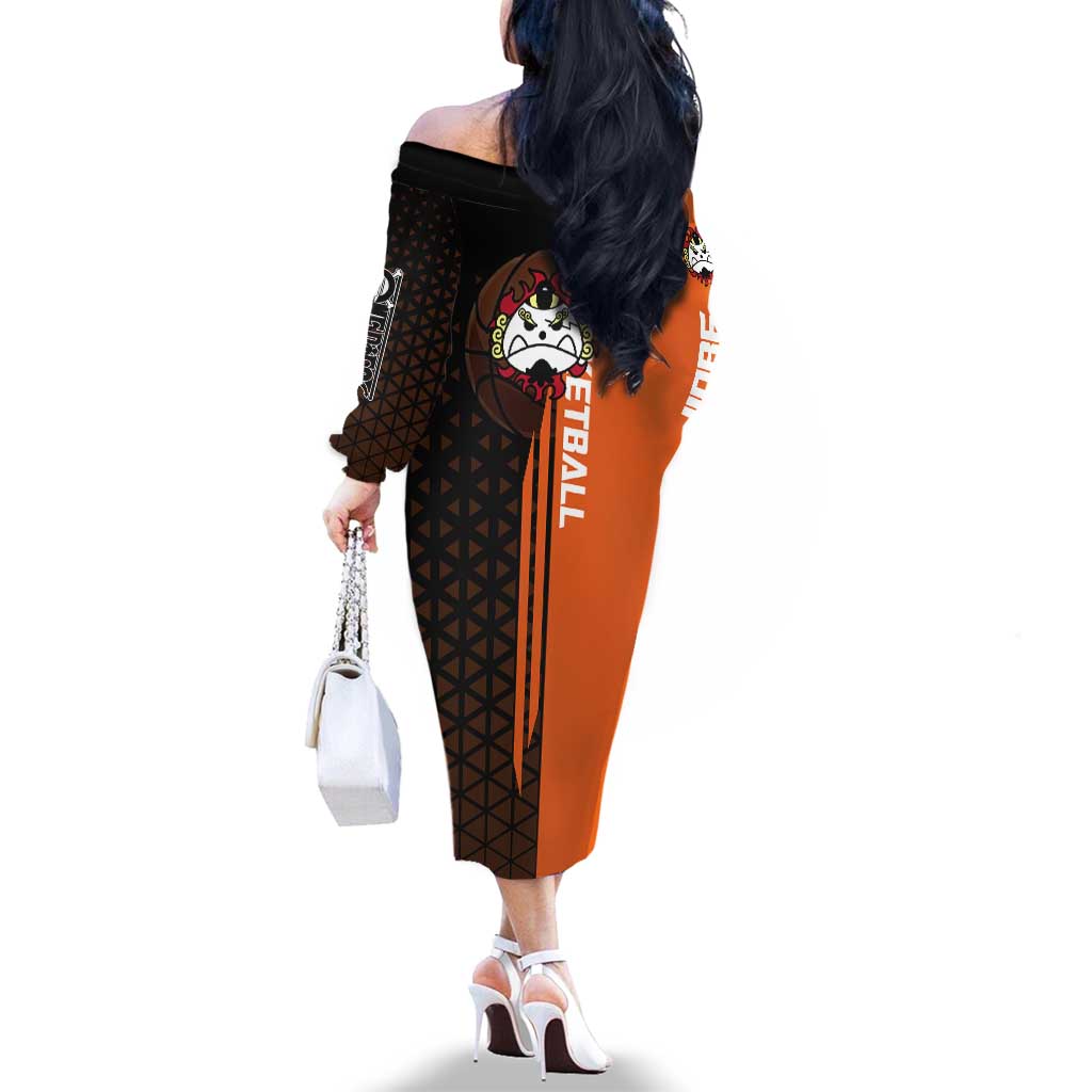 Jinbe One Piece Basketball Theme Orange and Black Design Family Matching Off The Shoulder Long Sleeve Dress and Hawaiian Shirt with Powerful Pose and Sun Pirates Emblem