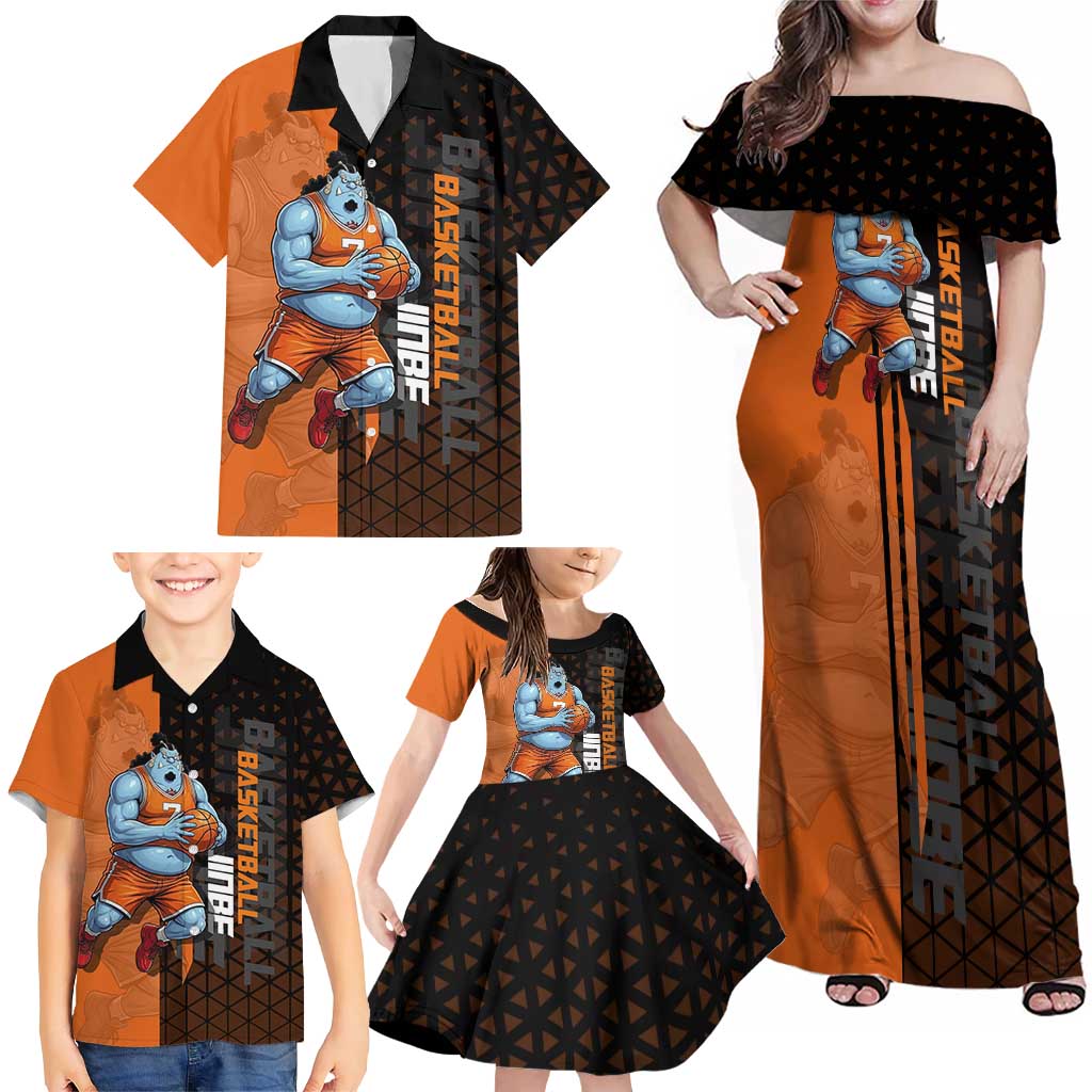 Jinbe One Piece Basketball Theme Orange and Black Design Family Matching Off Shoulder Maxi Dress and Hawaiian Shirt with Powerful Pose and Sun Pirates Emblem