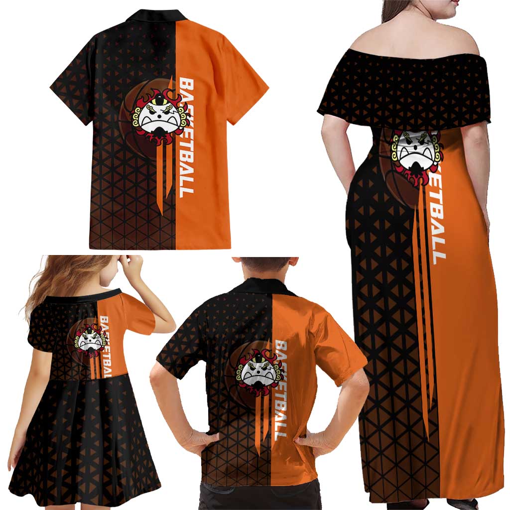 Jinbe One Piece Basketball Theme Orange and Black Design Family Matching Off Shoulder Maxi Dress and Hawaiian Shirt with Powerful Pose and Sun Pirates Emblem