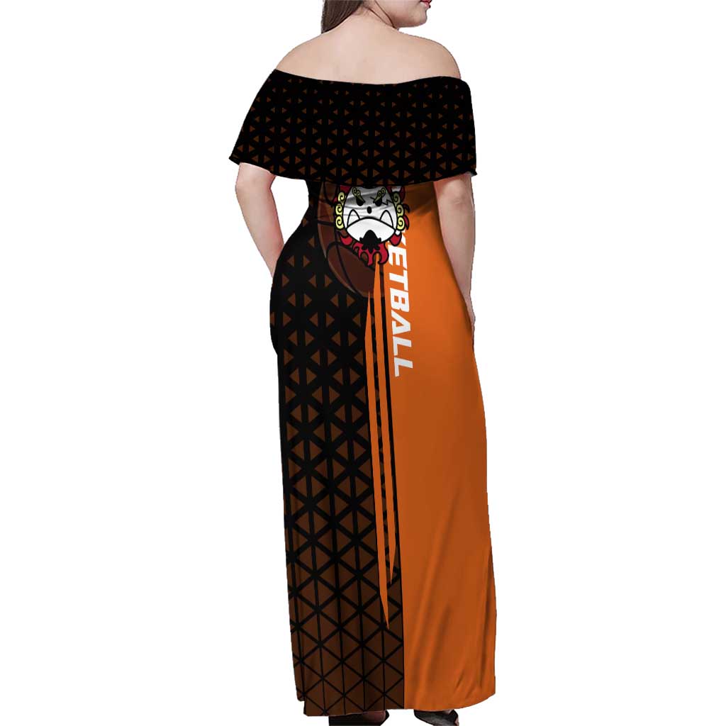 Jinbe One Piece Basketball Theme Orange and Black Design Family Matching Off Shoulder Maxi Dress and Hawaiian Shirt with Powerful Pose and Sun Pirates Emblem