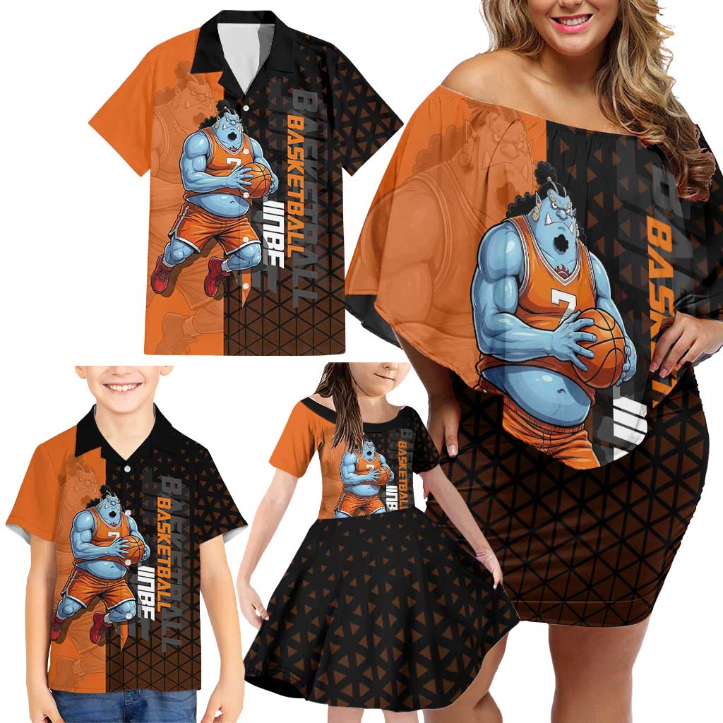 Jinbe One Piece Basketball Theme Orange and Black Design Family Matching Off Shoulder Short Dress and Hawaiian Shirt with Powerful Pose and Sun Pirates Emblem