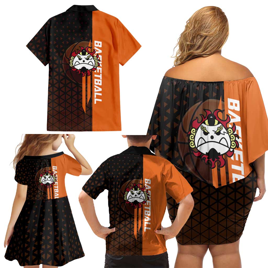 Jinbe One Piece Basketball Theme Orange and Black Design Family Matching Off Shoulder Short Dress and Hawaiian Shirt with Powerful Pose and Sun Pirates Emblem