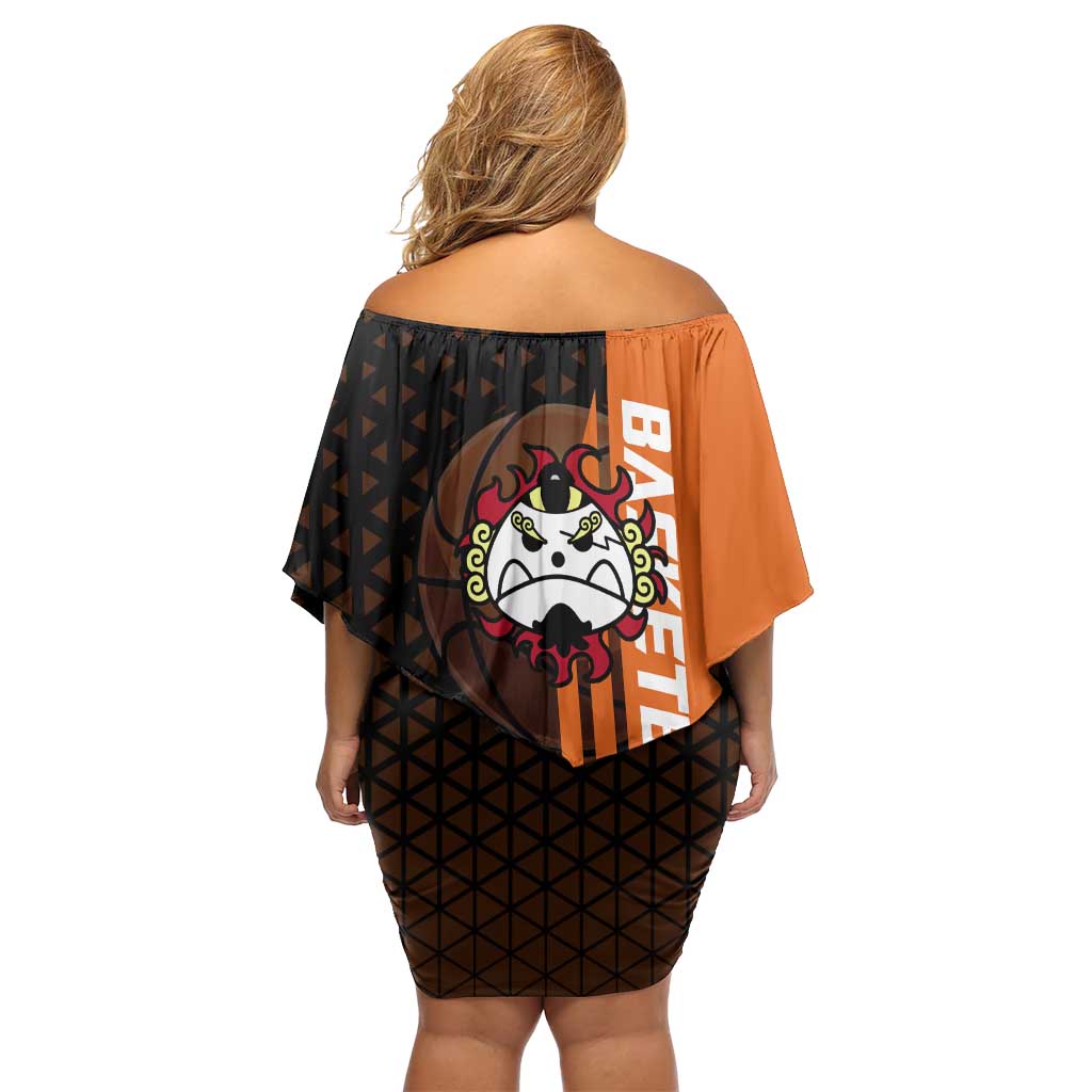 Jinbe One Piece Basketball Theme Orange and Black Design Family Matching Off Shoulder Short Dress and Hawaiian Shirt with Powerful Pose and Sun Pirates Emblem