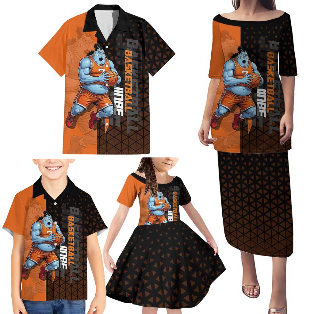 Jinbe One Piece Basketball Theme Orange and Black Design Family Matching Puletasi and Hawaiian Shirt with Powerful Pose and Sun Pirates Emblem