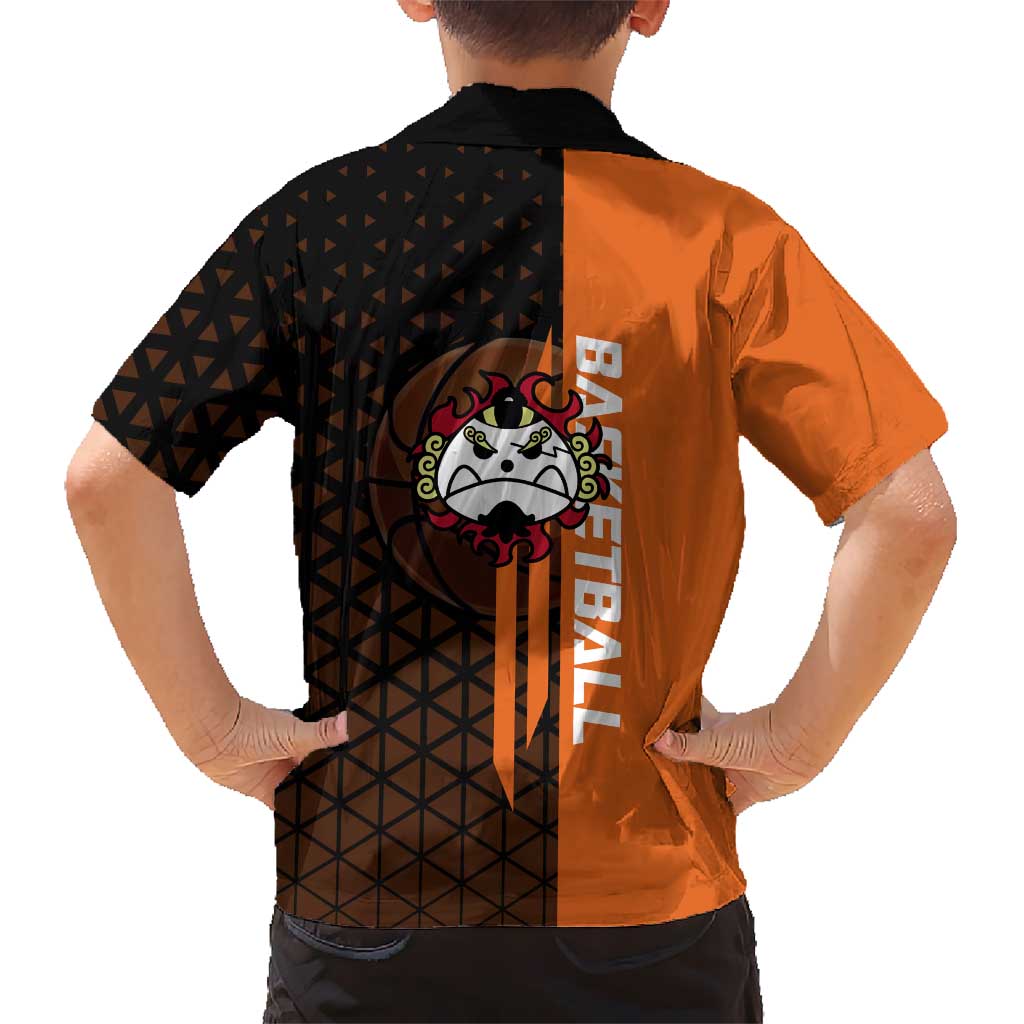 Jinbe One Piece Basketball Theme Orange and Black Design Family Matching Puletasi and Hawaiian Shirt with Powerful Pose and Sun Pirates Emblem