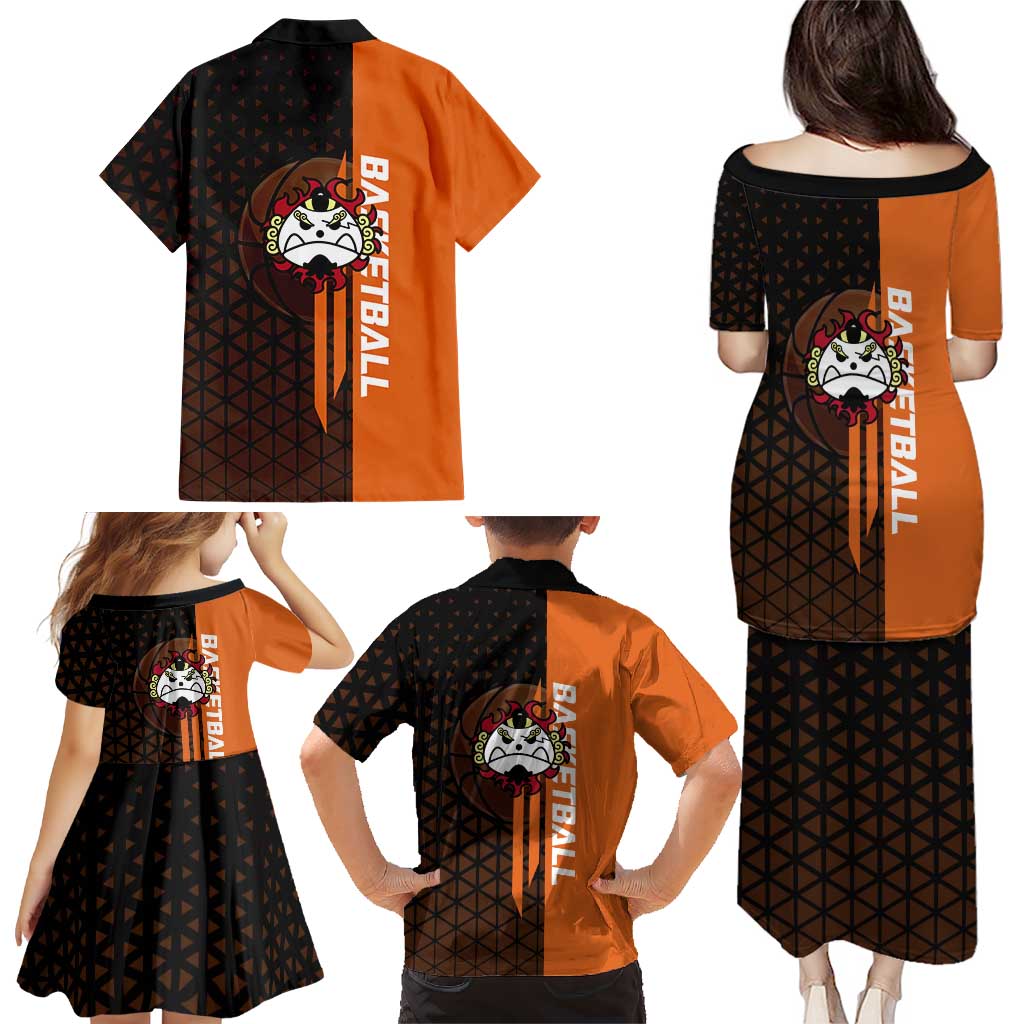 Jinbe One Piece Basketball Theme Orange and Black Design Family Matching Puletasi and Hawaiian Shirt with Powerful Pose and Sun Pirates Emblem