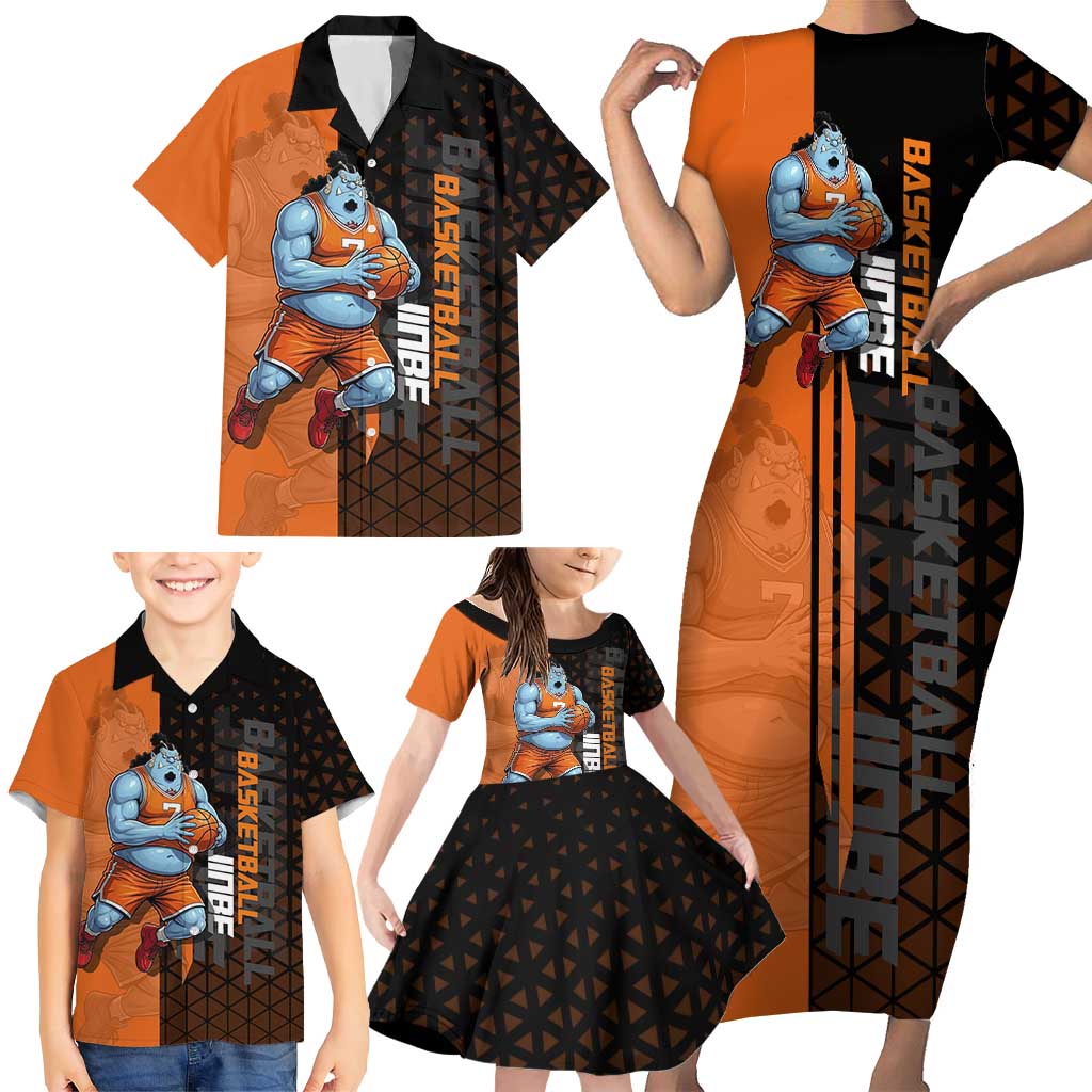 Jinbe One Piece Basketball Theme Orange and Black Design Family Matching Short Sleeve Bodycon Dress and Hawaiian Shirt with Powerful Pose and Sun Pirates Emblem