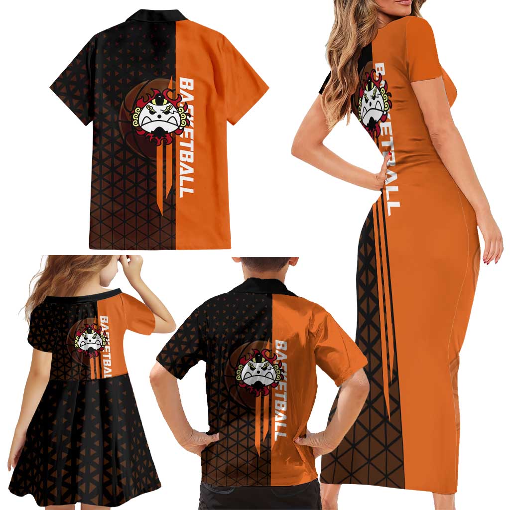 Jinbe One Piece Basketball Theme Orange and Black Design Family Matching Short Sleeve Bodycon Dress and Hawaiian Shirt with Powerful Pose and Sun Pirates Emblem