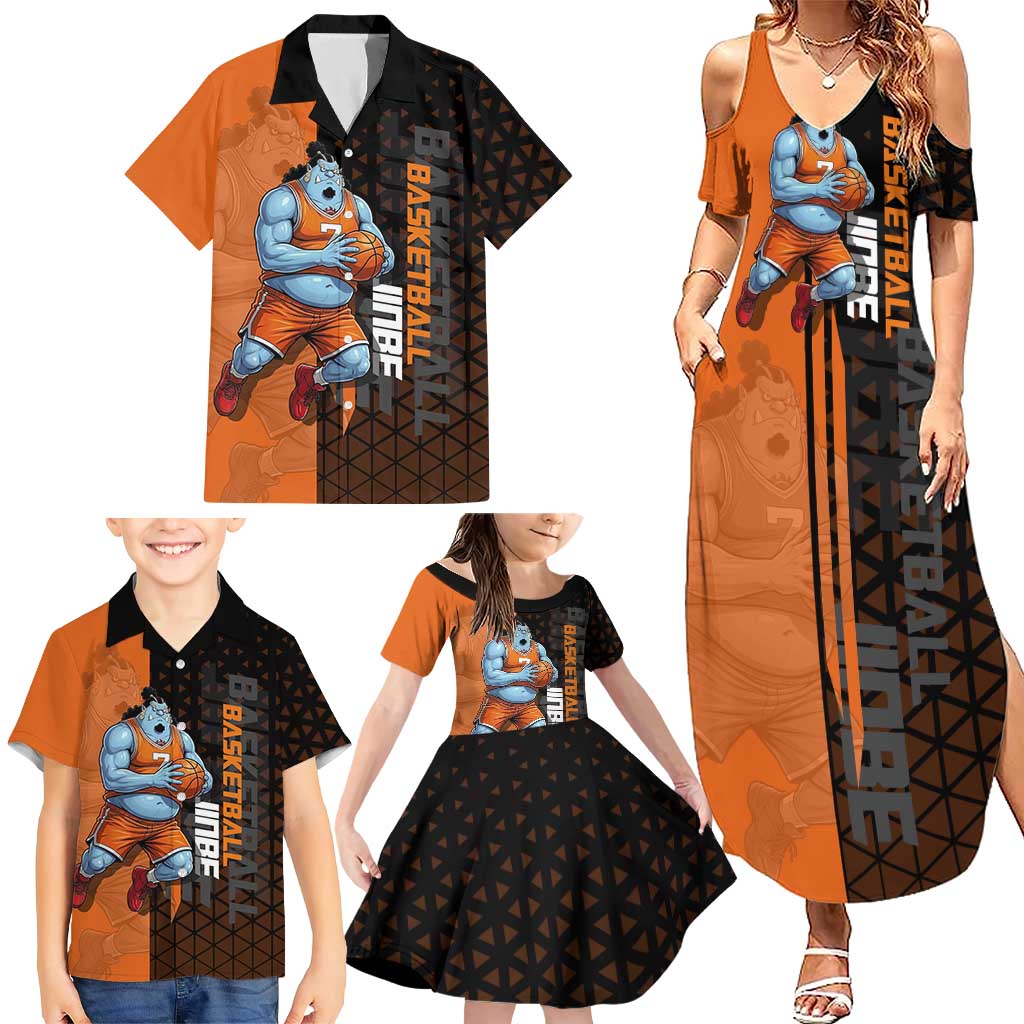 Jinbe One Piece Basketball Theme Orange and Black Design Family Matching Summer Maxi Dress and Hawaiian Shirt with Powerful Pose and Sun Pirates Emblem