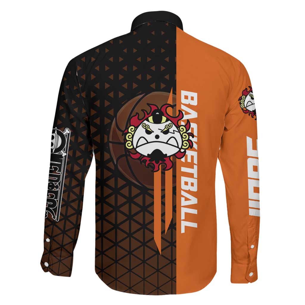 Jinbe One Piece Basketball Theme Orange and Black Design Family Matching Summer Maxi Dress and Hawaiian Shirt with Powerful Pose and Sun Pirates Emblem
