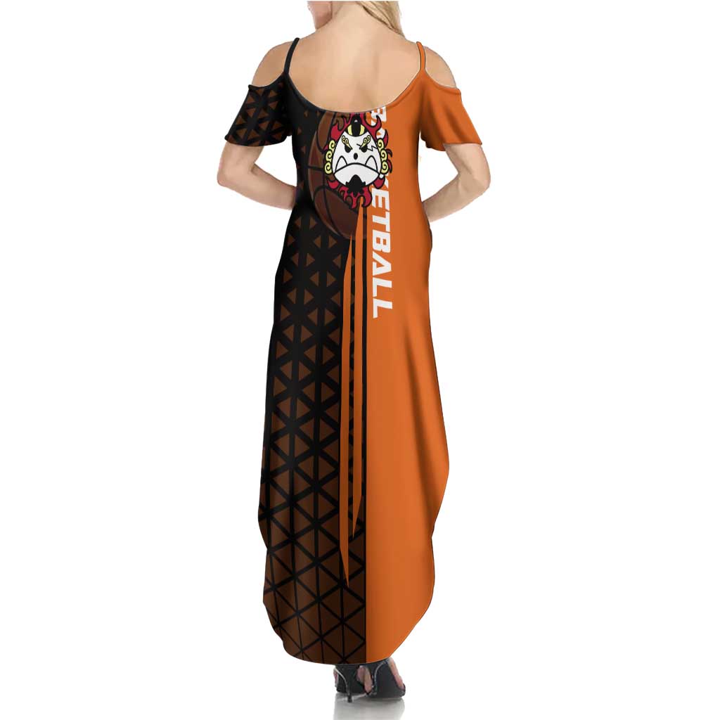 Jinbe One Piece Basketball Theme Orange and Black Design Family Matching Summer Maxi Dress and Hawaiian Shirt with Powerful Pose and Sun Pirates Emblem