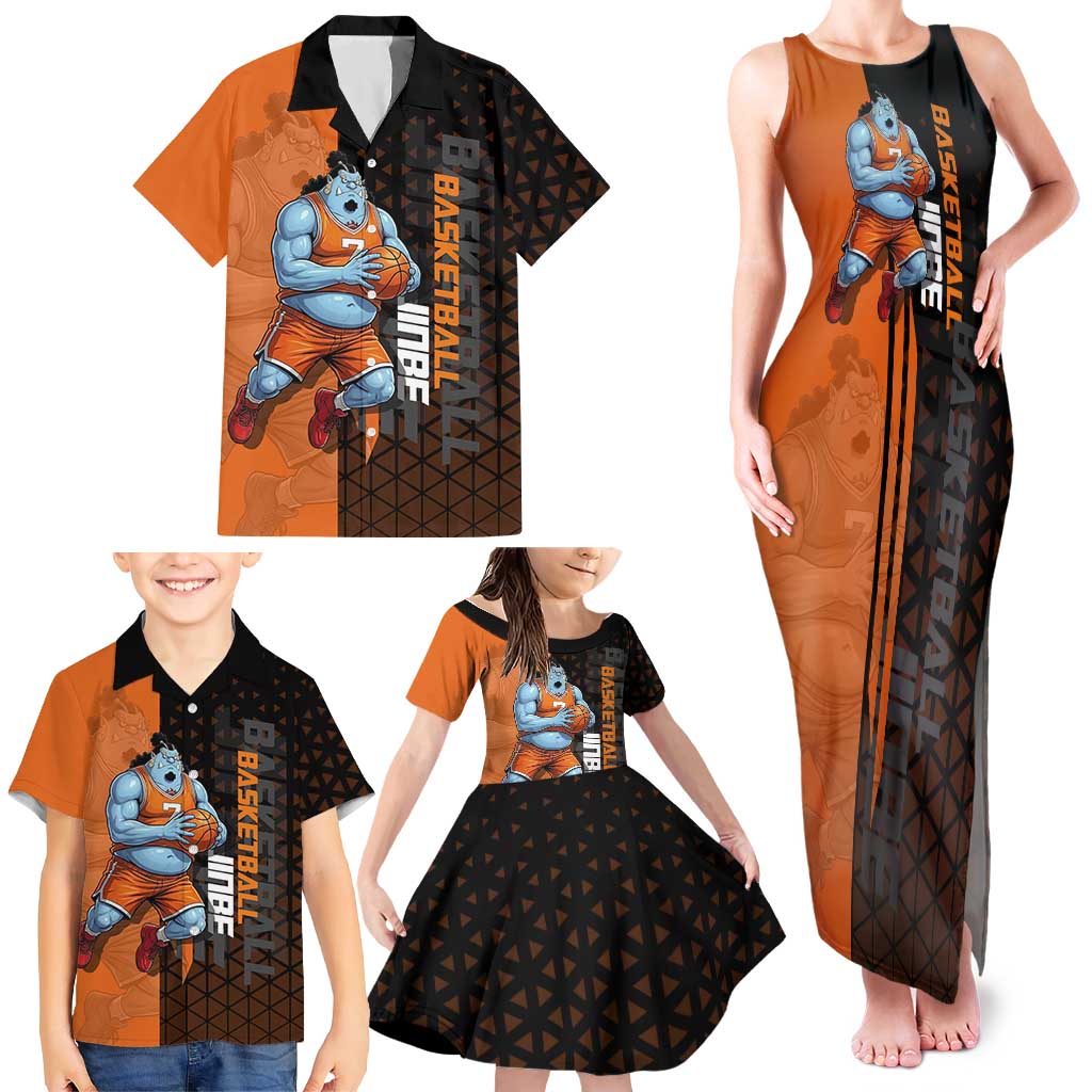 Jinbe One Piece Basketball Theme Orange and Black Design Family Matching Tank Maxi Dress and Hawaiian Shirt with Powerful Pose and Sun Pirates Emblem