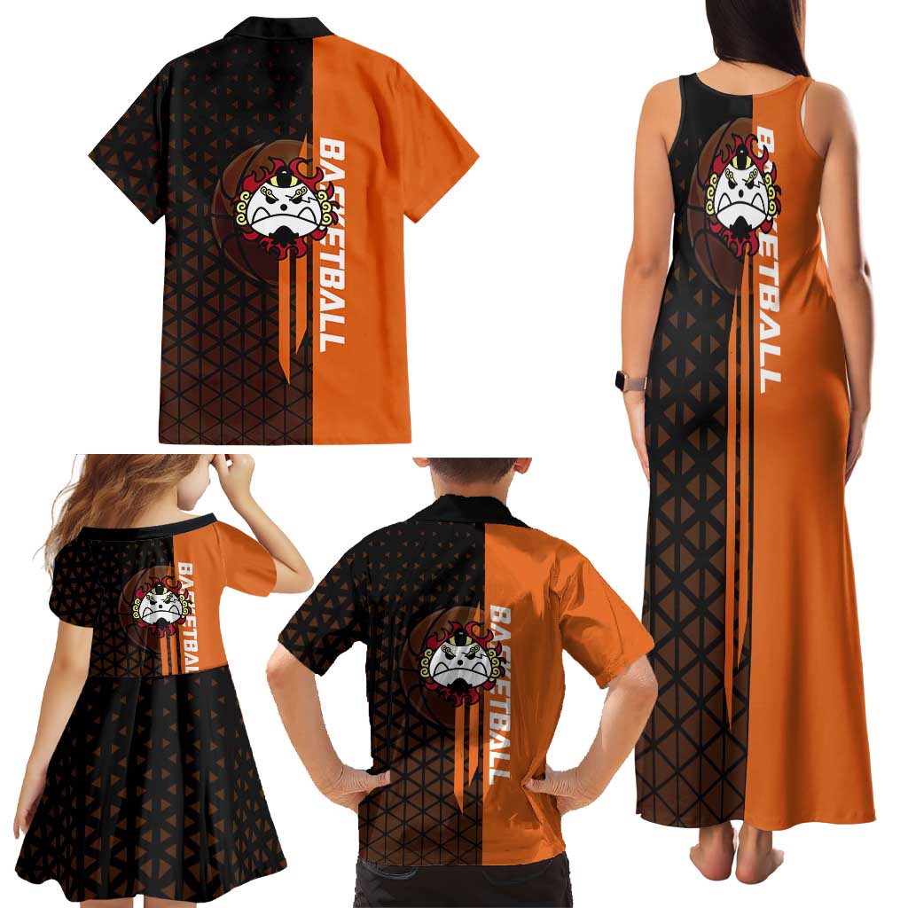 Jinbe One Piece Basketball Theme Orange and Black Design Family Matching Tank Maxi Dress and Hawaiian Shirt with Powerful Pose and Sun Pirates Emblem