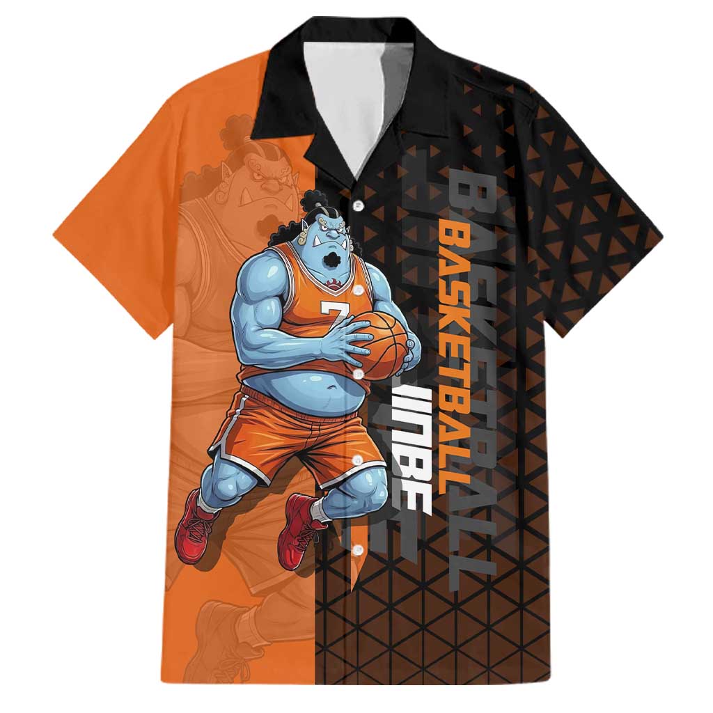 Jinbe One Piece Basketball Theme Orange and Black Design Family Matching Tank Maxi Dress and Hawaiian Shirt with Powerful Pose and Sun Pirates Emblem