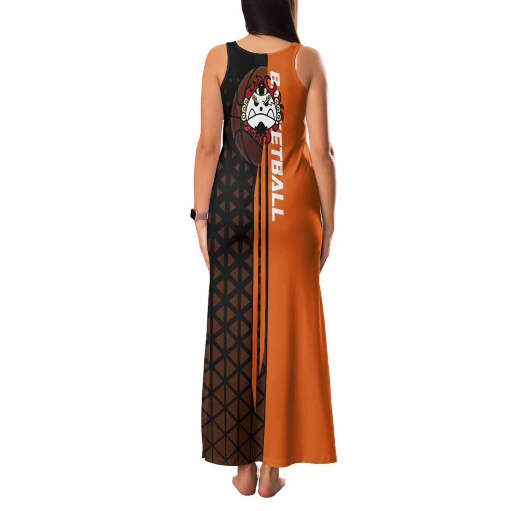 Jinbe One Piece Basketball Theme Orange and Black Design Family Matching Tank Maxi Dress and Hawaiian Shirt with Powerful Pose and Sun Pirates Emblem