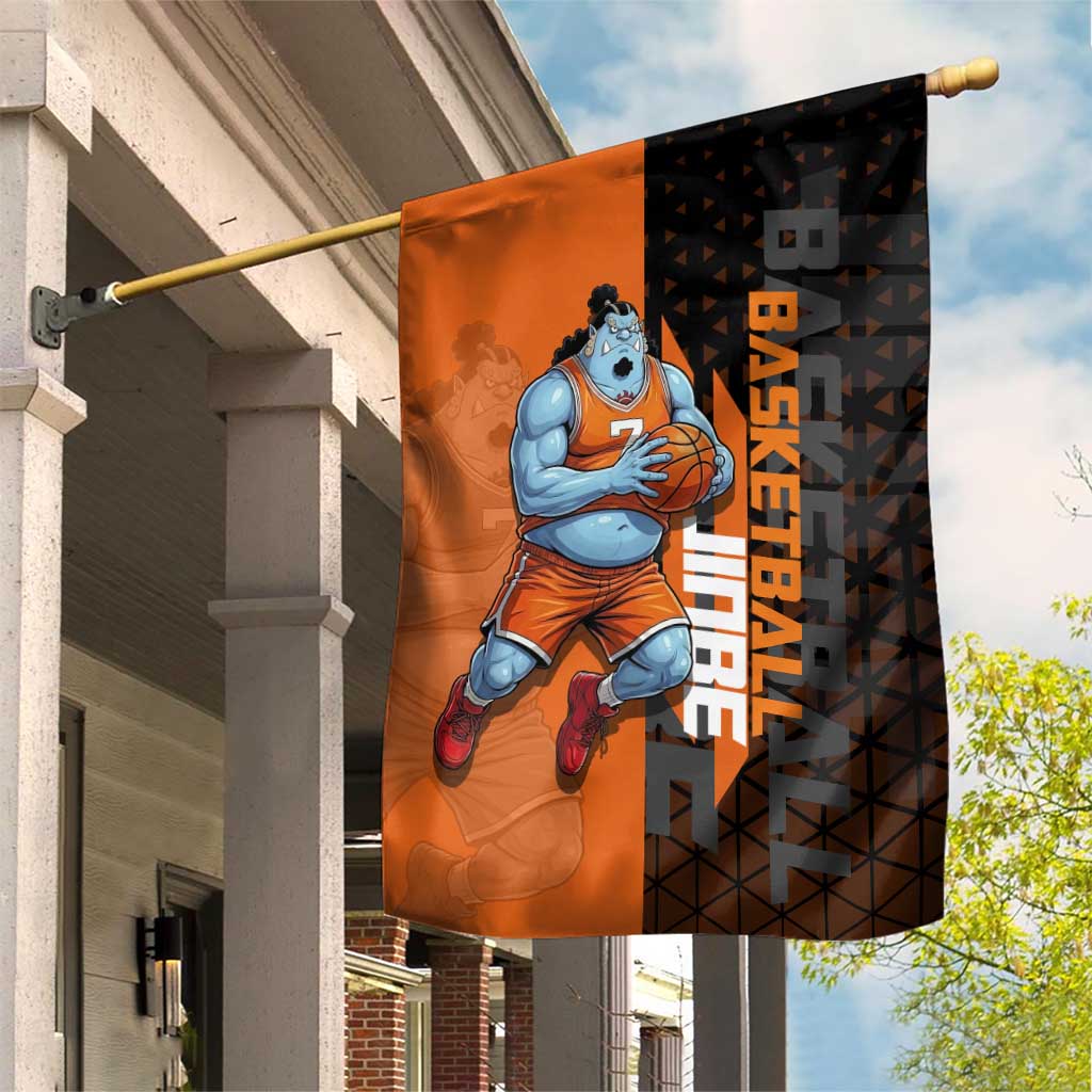 Jinbe One Piece Basketball Theme Orange and Black Design Garden Flag with Powerful Pose and Sun Pirates Emblem - The Mazicc