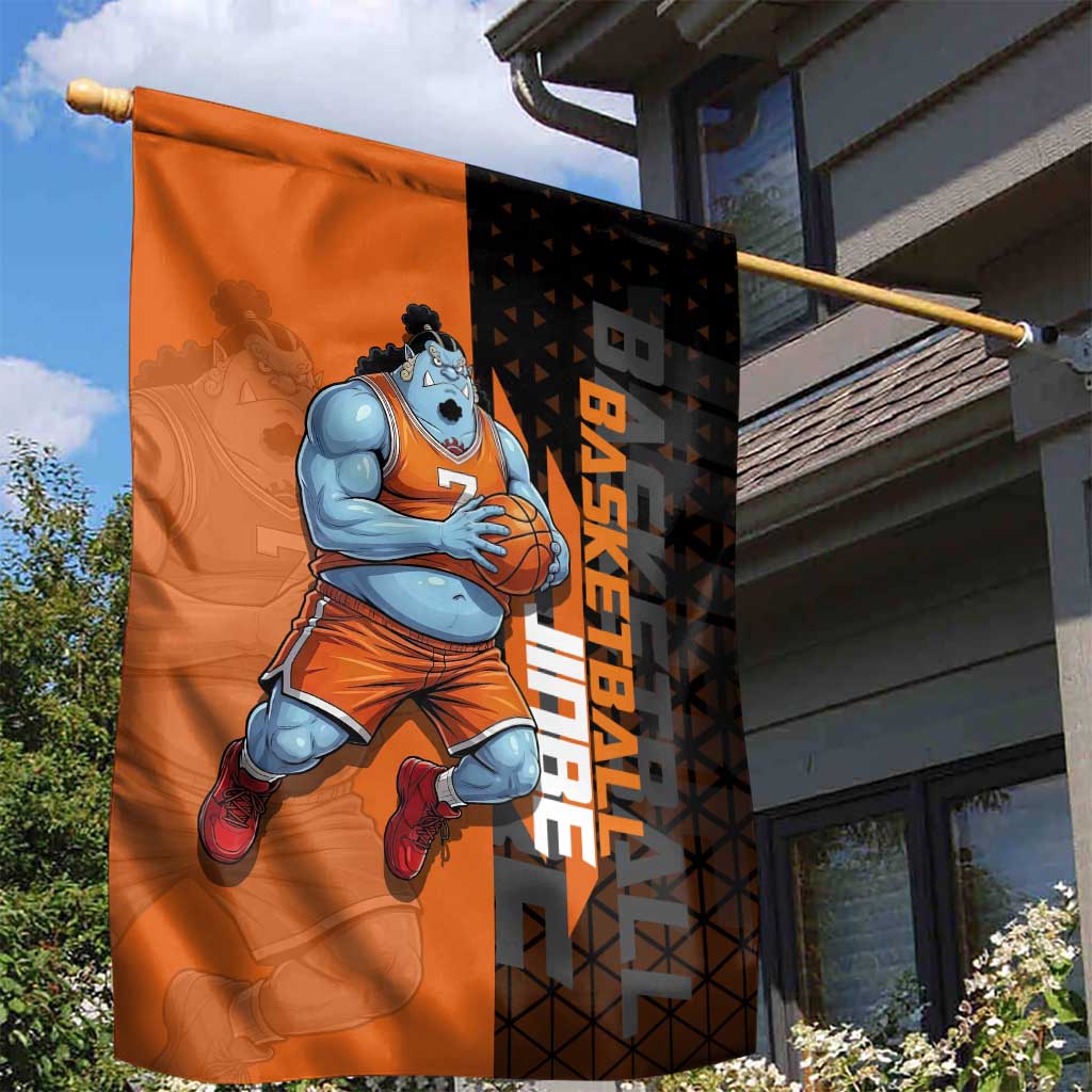 Jinbe One Piece Basketball Theme Orange and Black Design Garden Flag with Powerful Pose and Sun Pirates Emblem - The Mazicc