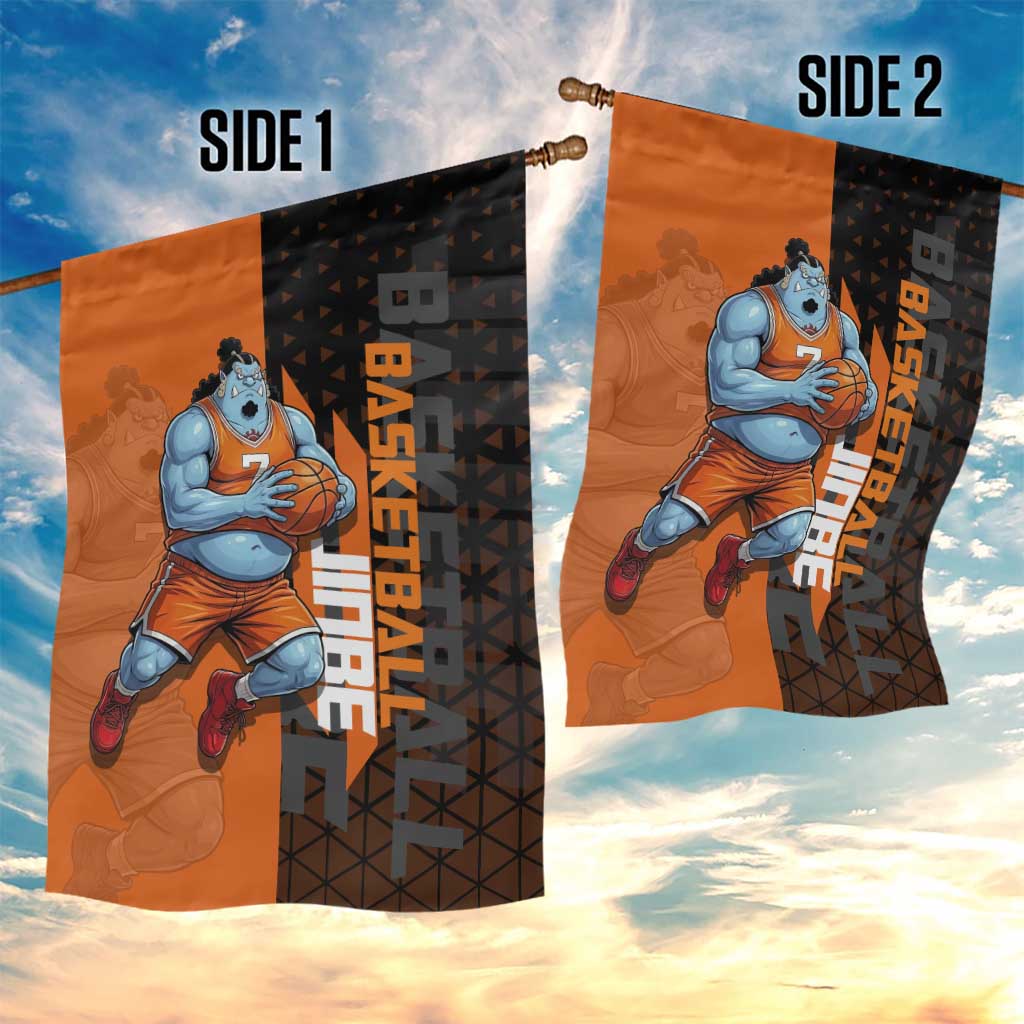 Jinbe One Piece Basketball Theme Orange and Black Design Garden Flag with Powerful Pose and Sun Pirates Emblem - The Mazicc