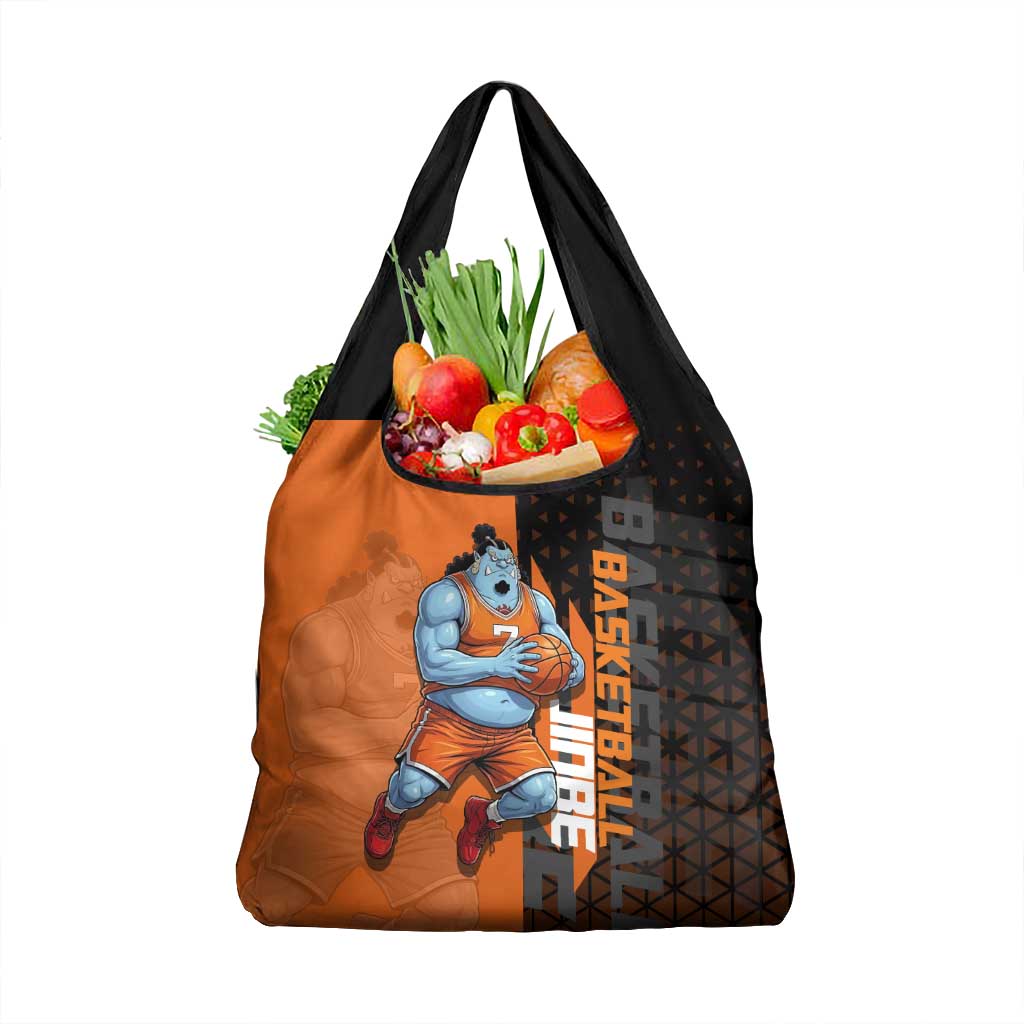 Jinbe One Piece Basketball Theme Orange and Black Design Grocery Bag with Powerful Pose and Sun Pirates Emblem - The Mazicc
