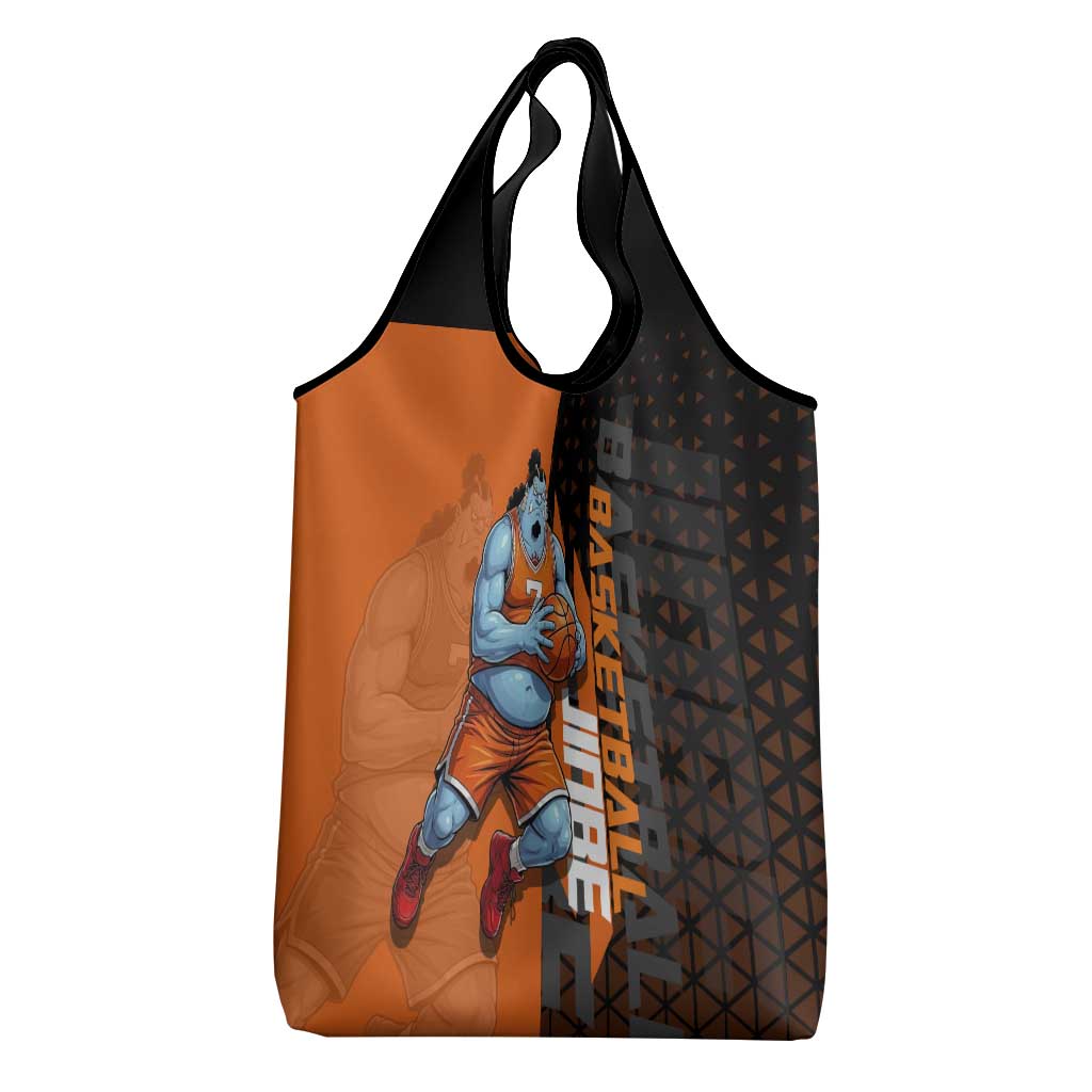 Jinbe One Piece Basketball Theme Orange and Black Design Grocery Bag with Powerful Pose and Sun Pirates Emblem - The Mazicc