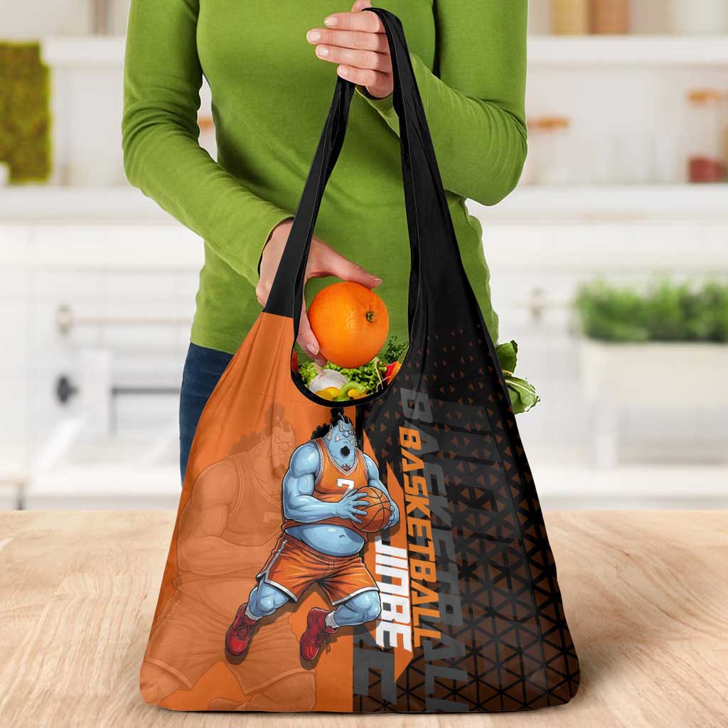 Jinbe One Piece Basketball Theme Orange and Black Design Grocery Bag with Powerful Pose and Sun Pirates Emblem - The Mazicc
