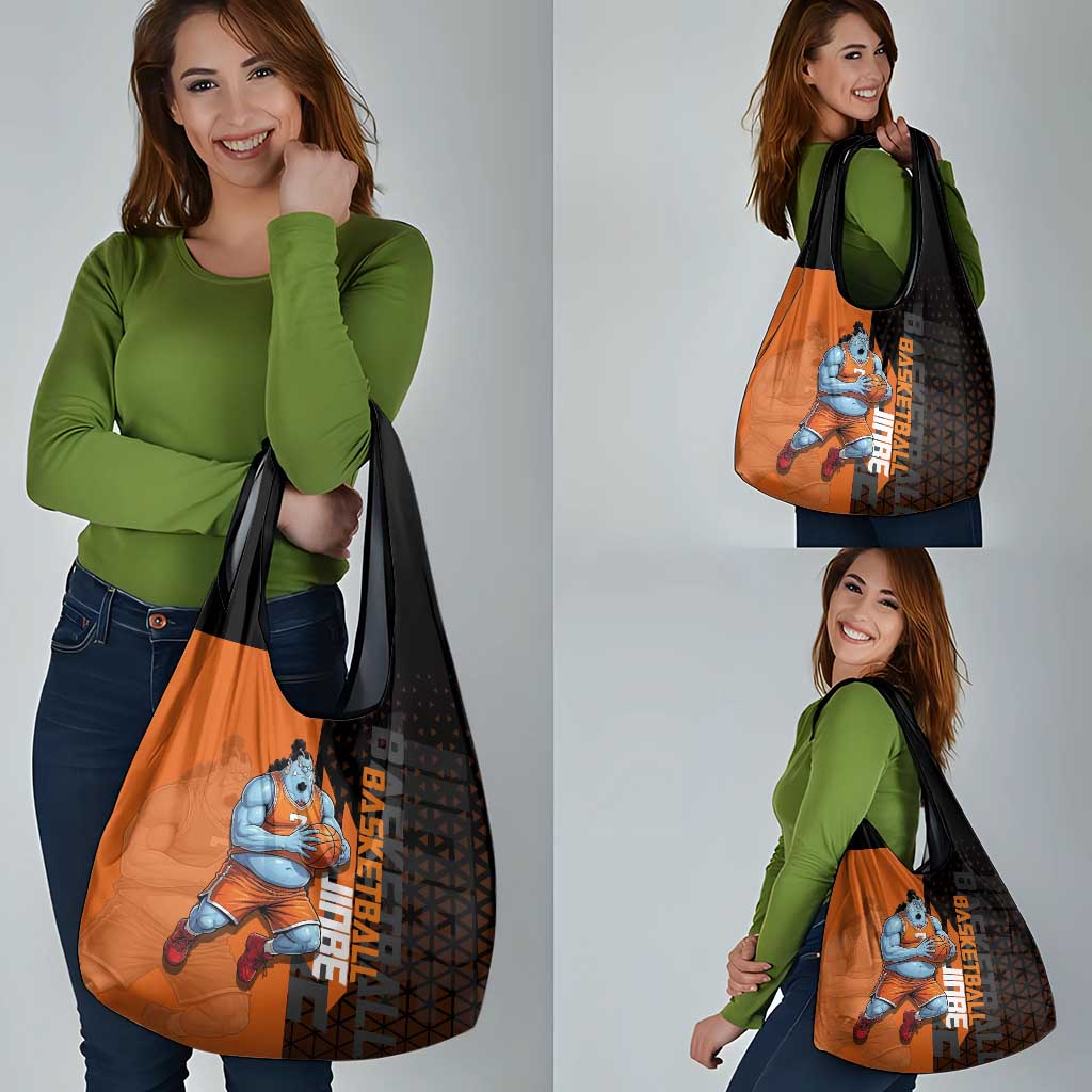 Jinbe One Piece Basketball Theme Orange and Black Design Grocery Bag with Powerful Pose and Sun Pirates Emblem - The Mazicc
