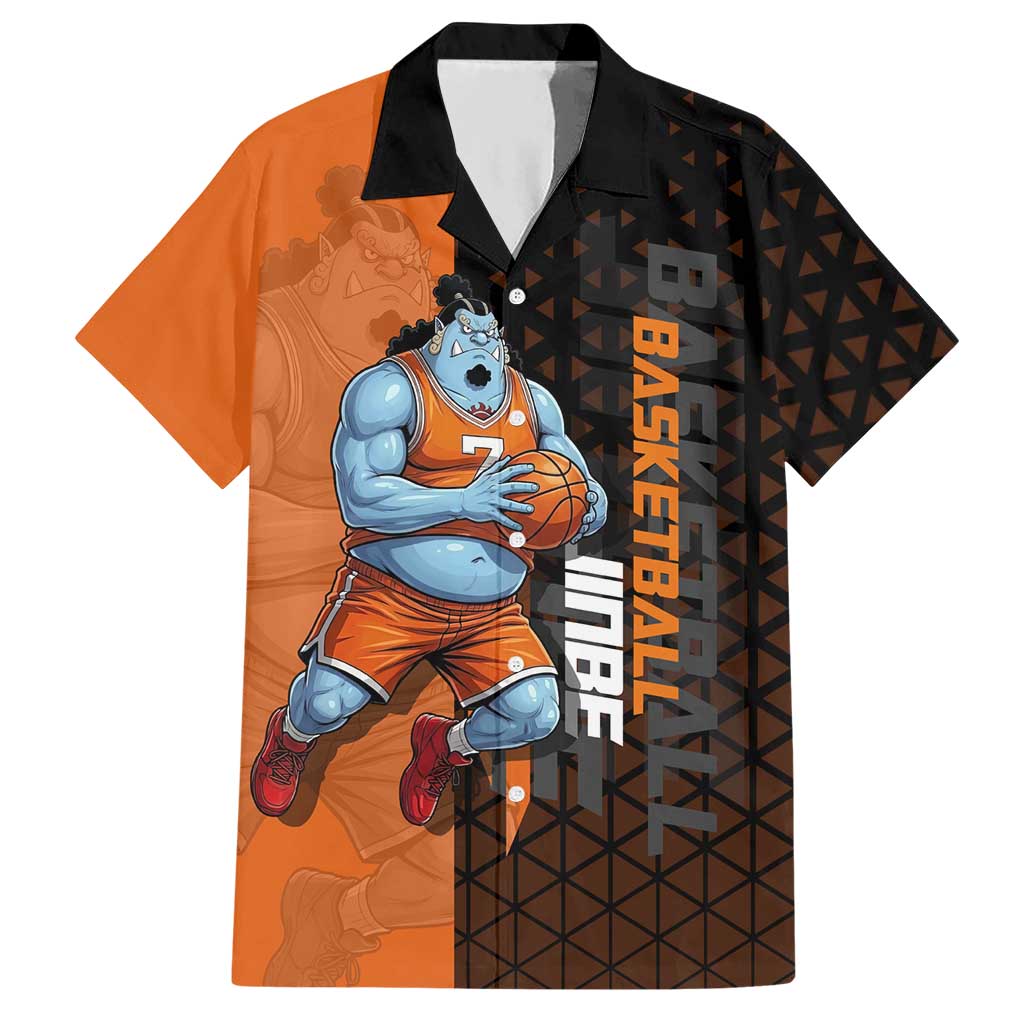 Jinbe One Piece Basketball Theme Orange and Black Design Hawaiian Shirt with Powerful Pose and Sun Pirates Emblem - The Mazicc