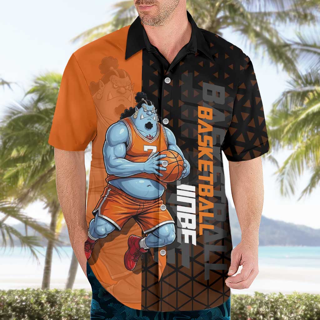 Jinbe One Piece Basketball Theme Orange and Black Design Hawaiian Shirt with Powerful Pose and Sun Pirates Emblem - The Mazicc