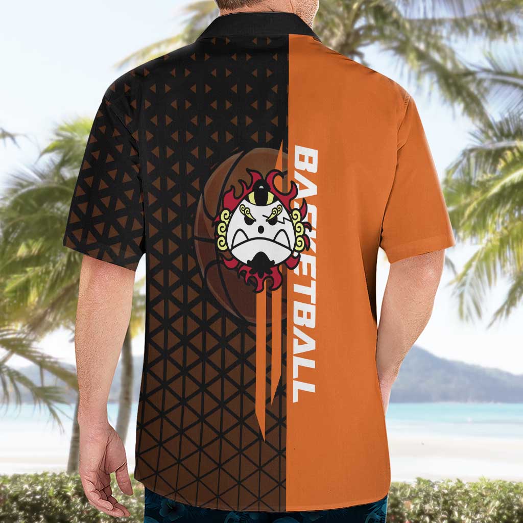 Jinbe One Piece Basketball Theme Orange and Black Design Hawaiian Shirt with Powerful Pose and Sun Pirates Emblem - The Mazicc