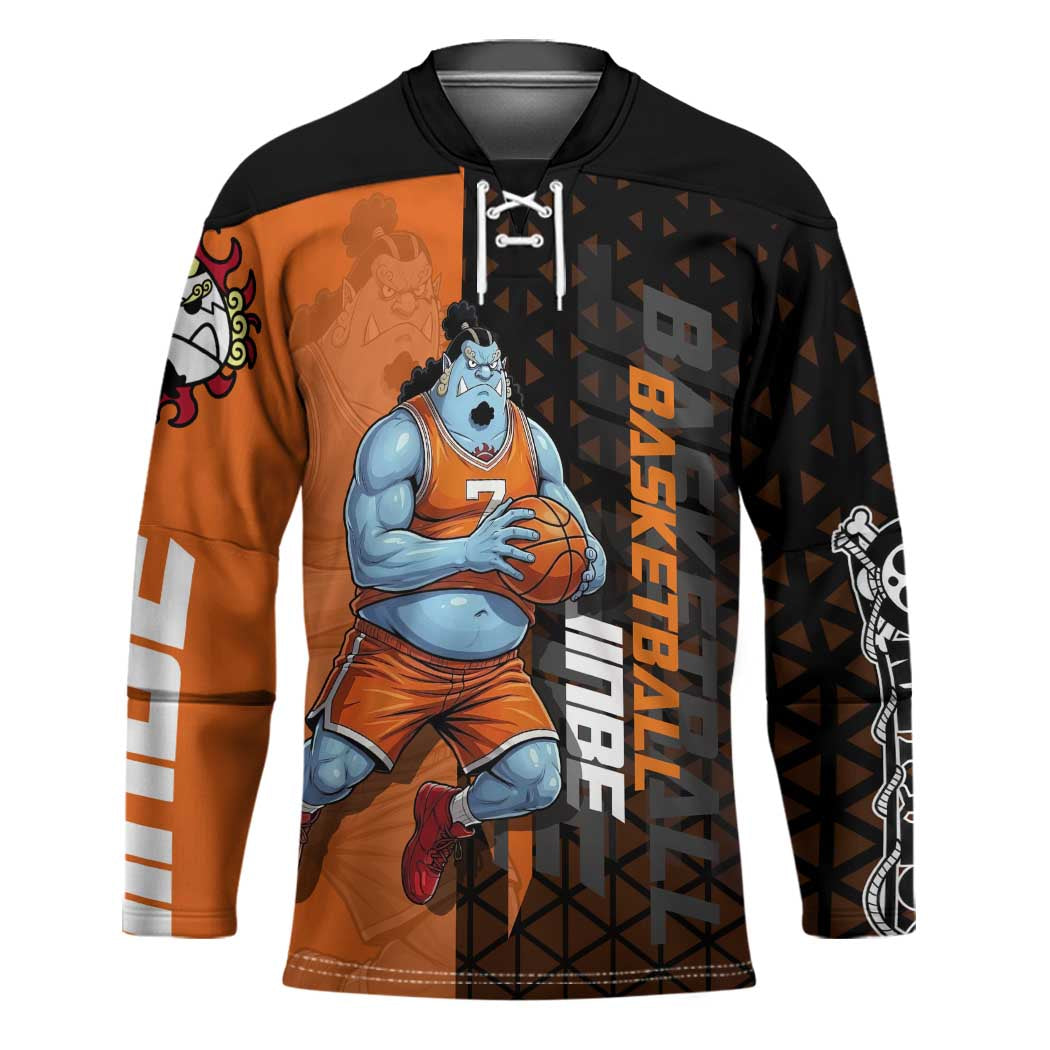 Jinbe One Piece Basketball Theme Orange and Black Design Hockey Jersey with Powerful Pose and Sun Pirates Emblem - The Mazicc