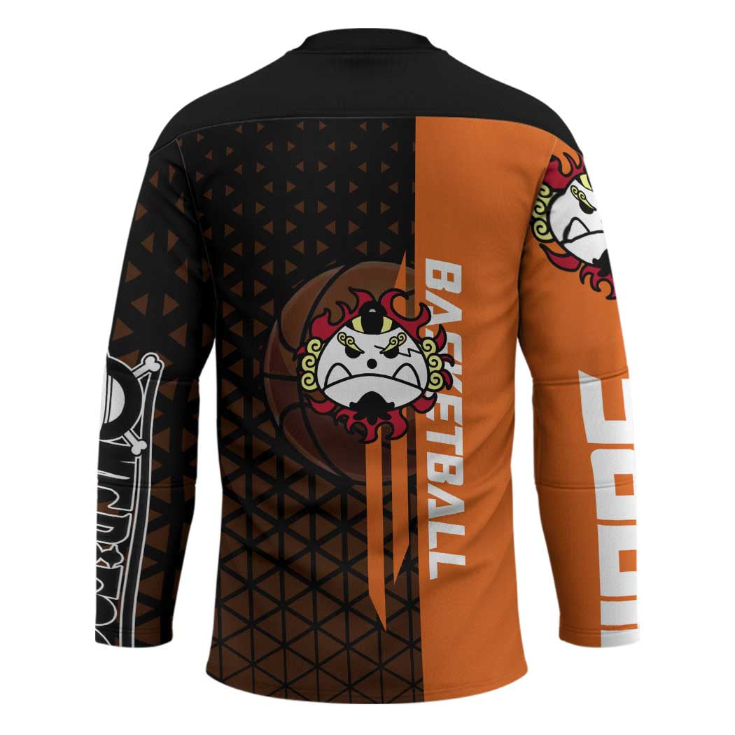 Jinbe One Piece Basketball Theme Orange and Black Design Hockey Jersey with Powerful Pose and Sun Pirates Emblem - The Mazicc