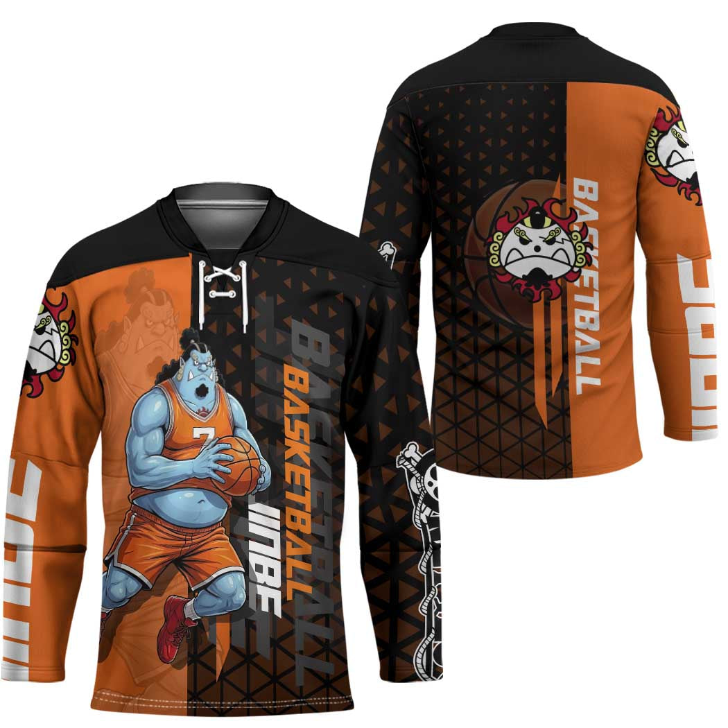 Jinbe One Piece Basketball Theme Orange and Black Design Hockey Jersey with Powerful Pose and Sun Pirates Emblem - The Mazicc