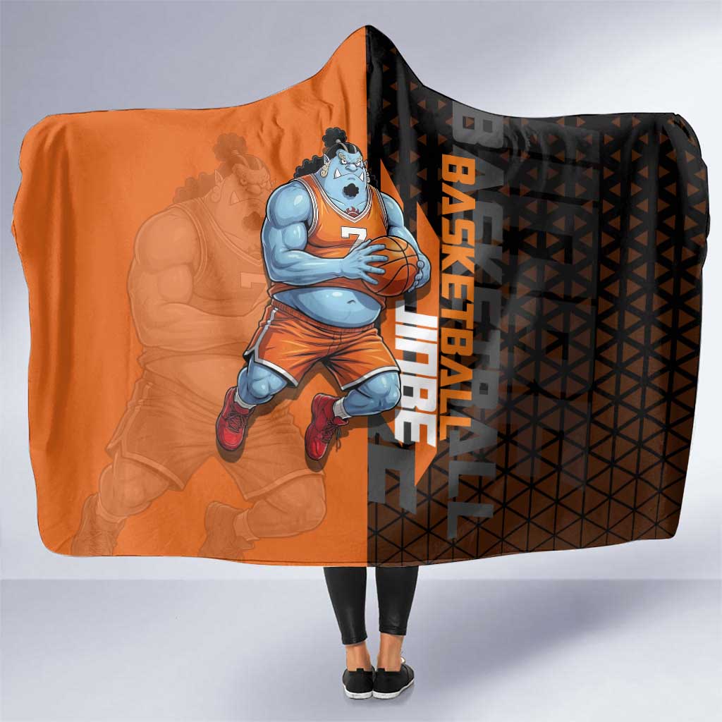 Jinbe One Piece Basketball Theme Orange and Black Design Hooded Blanket with Powerful Pose and Sun Pirates Emblem - The Mazicc