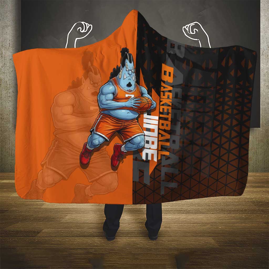 Jinbe One Piece Basketball Theme Orange and Black Design Hooded Blanket with Powerful Pose and Sun Pirates Emblem - The Mazicc