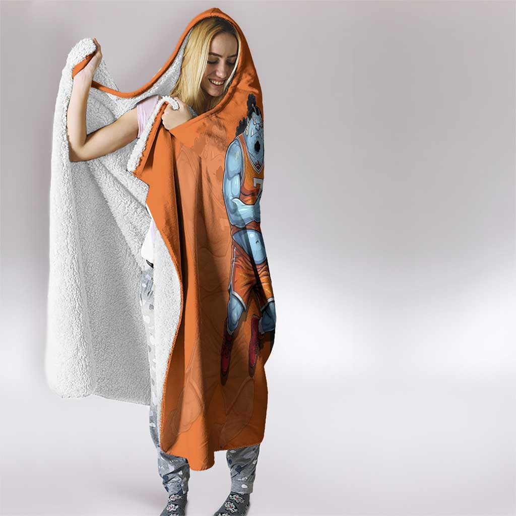 Jinbe One Piece Basketball Theme Orange and Black Design Hooded Blanket with Powerful Pose and Sun Pirates Emblem - The Mazicc