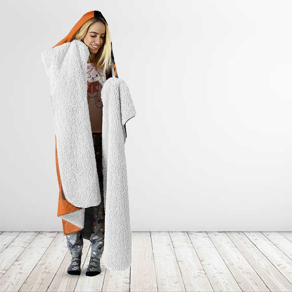 Jinbe One Piece Basketball Theme Orange and Black Design Hooded Blanket with Powerful Pose and Sun Pirates Emblem - The Mazicc