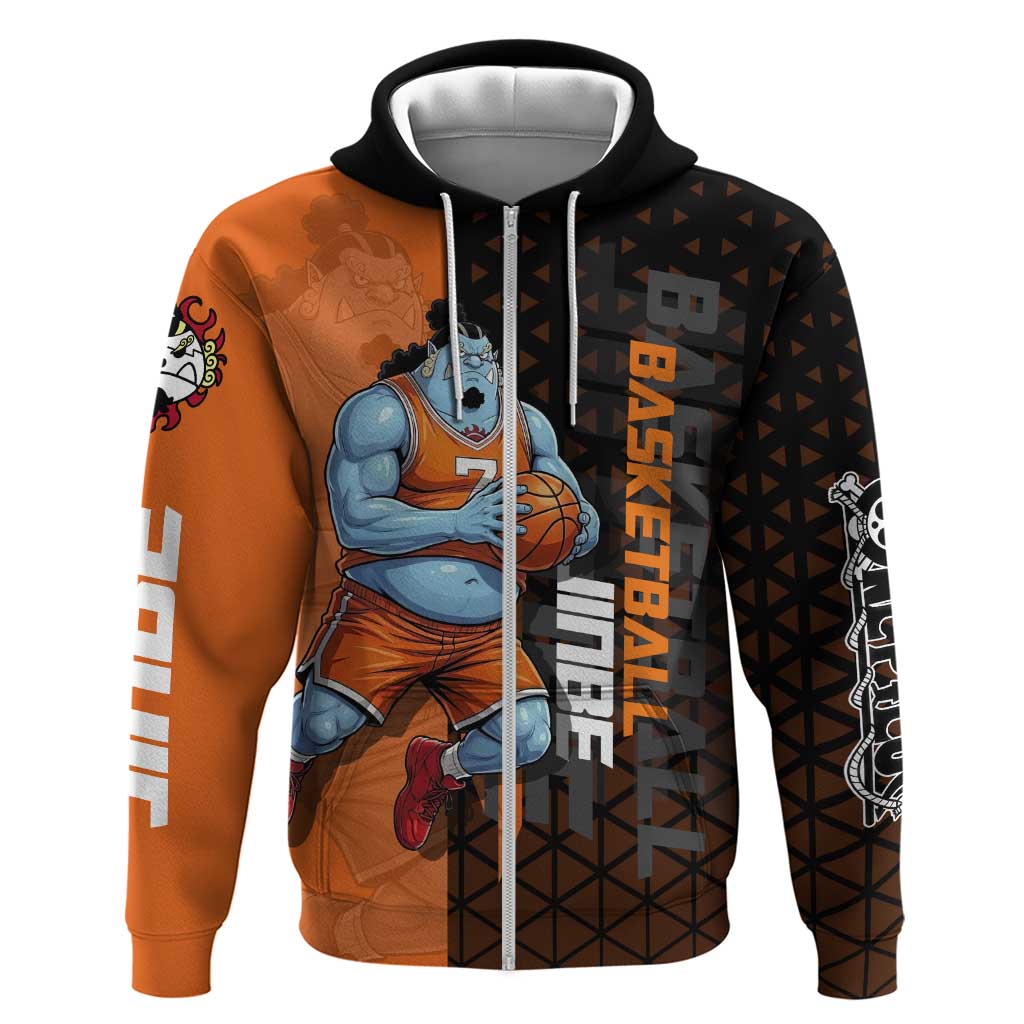 Jinbe One Piece Basketball Theme Orange and Black Design Hoodie with Powerful Pose and Sun Pirates Emblem - The Mazicc