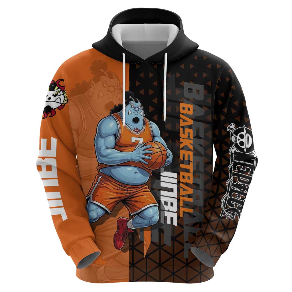 Jinbe One Piece Basketball Theme Orange and Black Design Hoodie with Powerful Pose and Sun Pirates Emblem - The Mazicc