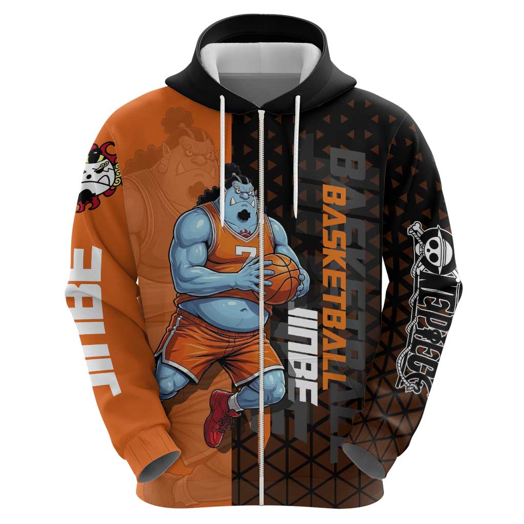 Jinbe One Piece Basketball Theme Orange and Black Design Hoodie with Powerful Pose and Sun Pirates Emblem - The Mazicc