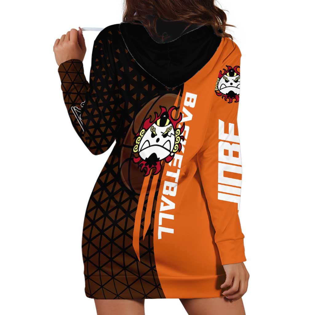 Jinbe One Piece Basketball Theme Orange and Black Design Hoodie Dress with Powerful Pose and Sun Pirates Emblem - The Mazicc