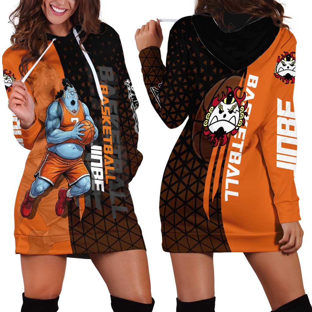 Jinbe One Piece Basketball Theme Orange and Black Design Hoodie Dress with Powerful Pose and Sun Pirates Emblem - The Mazicc