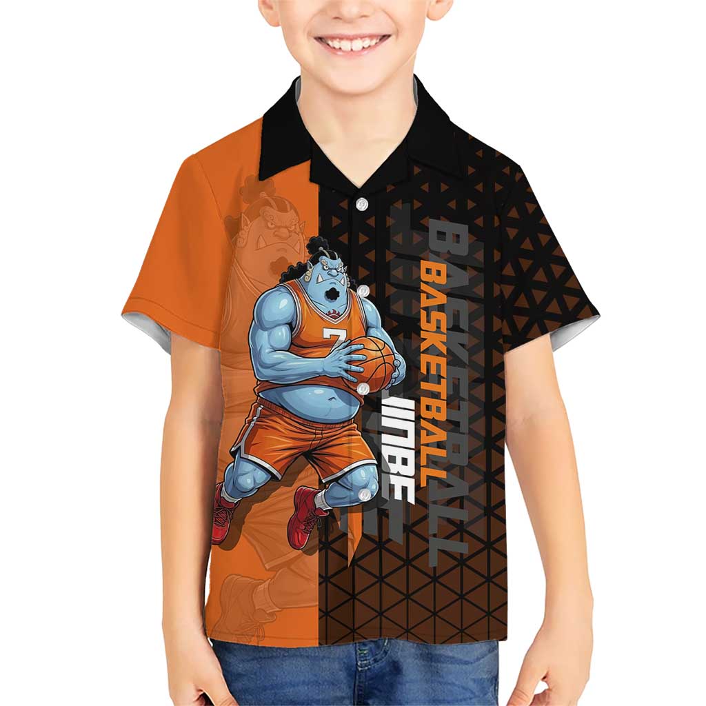 Jinbe One Piece Basketball Theme Orange and Black Design Kid Hawaiian Shirt with Powerful Pose and Sun Pirates Emblem - The Mazicc