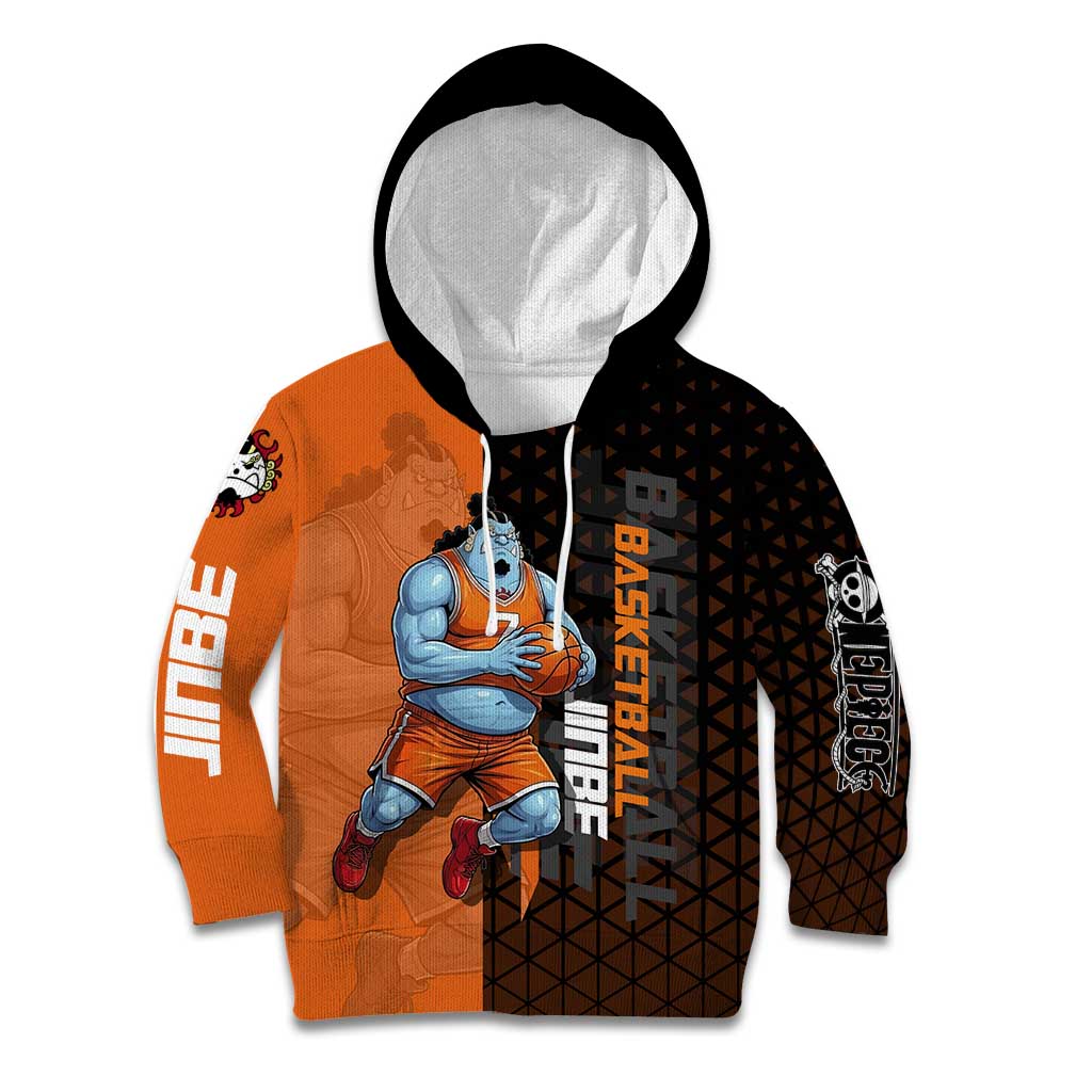 Jinbe One Piece Basketball Theme Orange and Black Design Kid Hoodie with Powerful Pose and Sun Pirates Emblem - The Mazicc