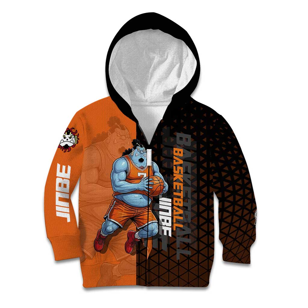 Jinbe One Piece Basketball Theme Orange and Black Design Kid Hoodie with Powerful Pose and Sun Pirates Emblem - The Mazicc