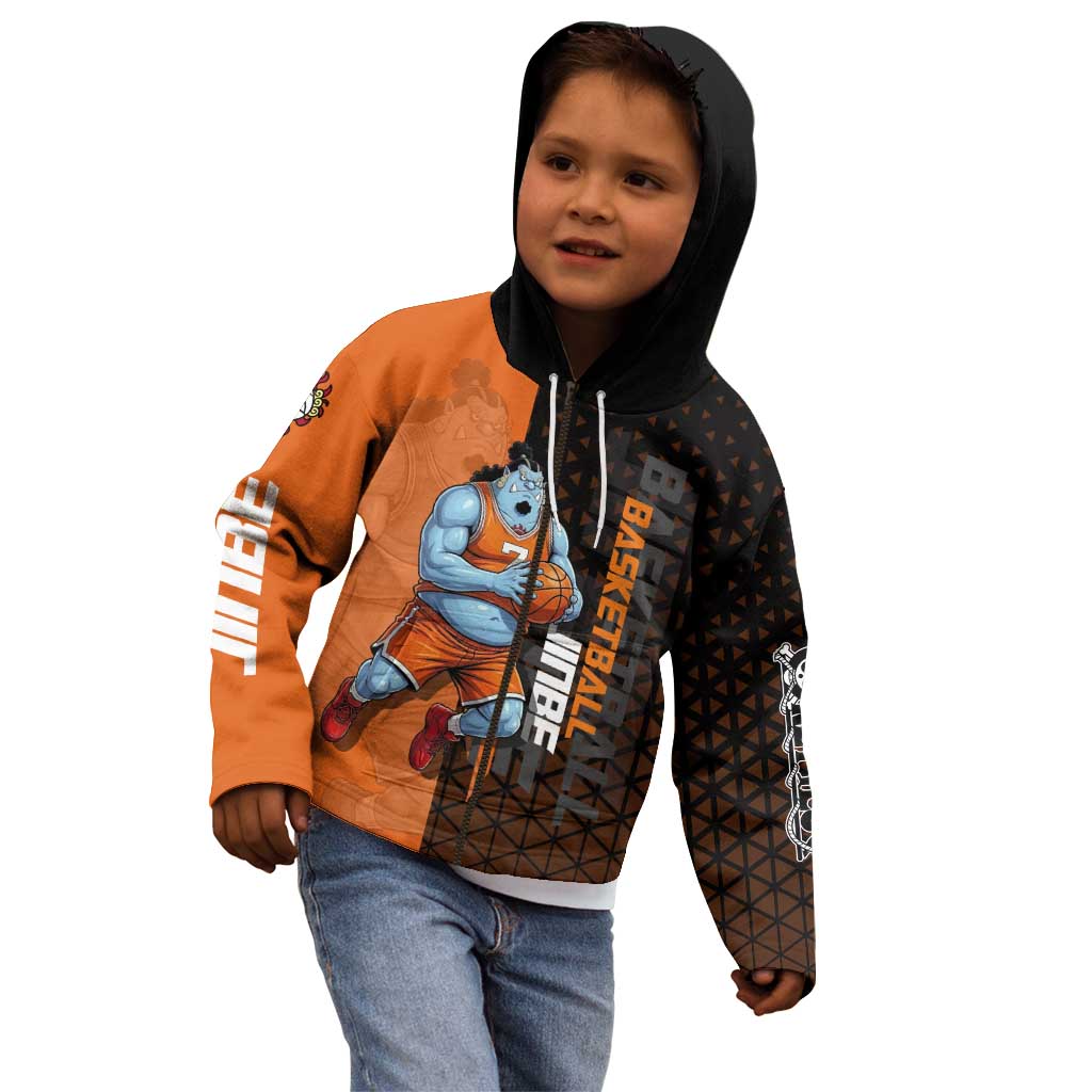 Jinbe One Piece Basketball Theme Orange and Black Design Kid Hoodie with Powerful Pose and Sun Pirates Emblem - The Mazicc