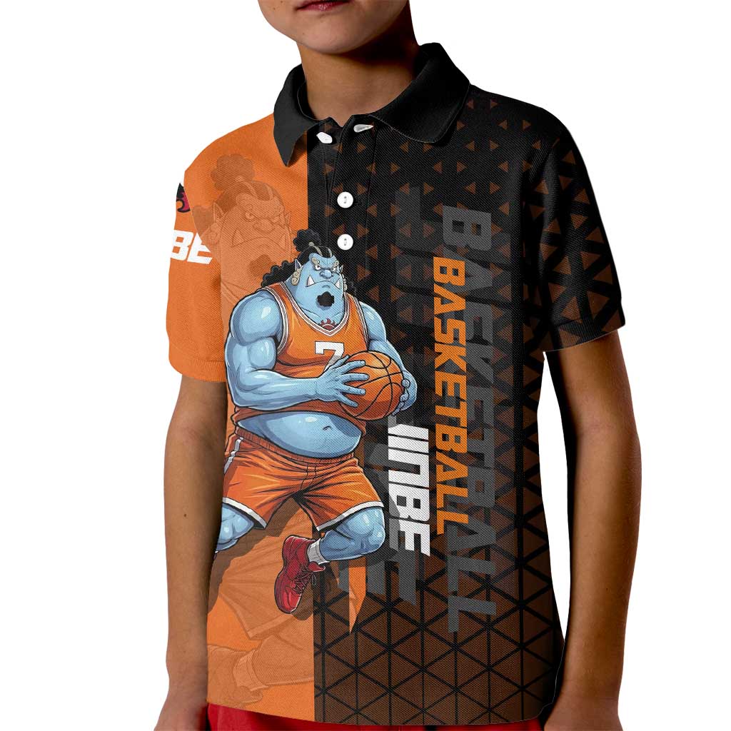 Jinbe One Piece Basketball Theme Orange and Black Design Kid Polo Shirt with Powerful Pose and Sun Pirates Emblem - The Mazicc