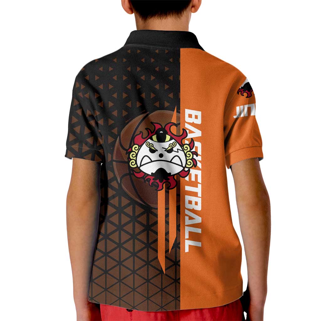 Jinbe One Piece Basketball Theme Orange and Black Design Kid Polo Shirt with Powerful Pose and Sun Pirates Emblem - The Mazicc